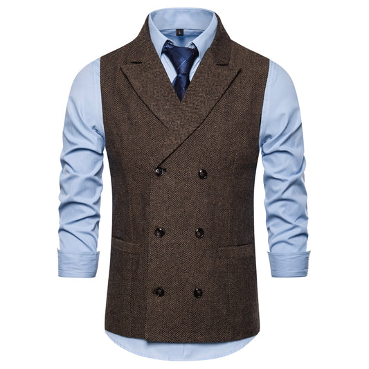 Yiaisafa Men's Business Suit Vest Coffee Herringbone Peak lapel Waistcoat