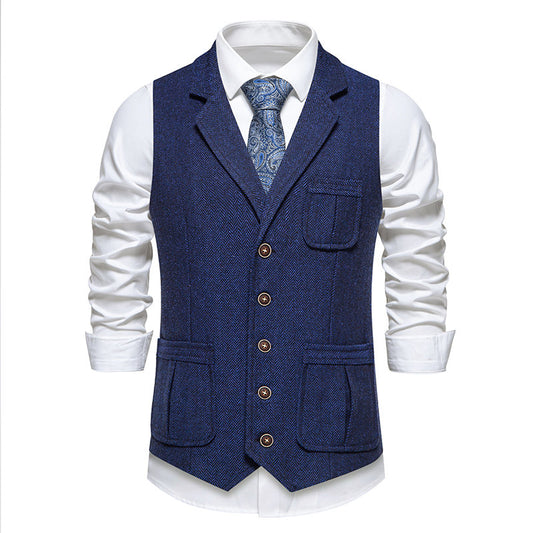 Yiaisafa Men's Vintage Suit Vest Royal Blue Herringbone Notch Lapel Waistcoat for Wedding