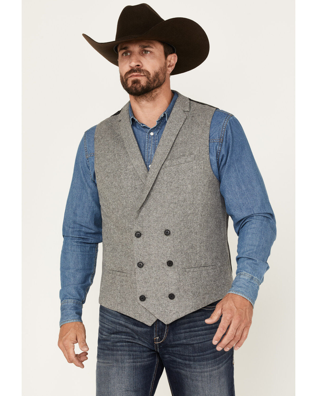 Yiaisafa Casual Retro Grey Herringbone Double Breasted Vest Notch Lapel Men's Waistcoat