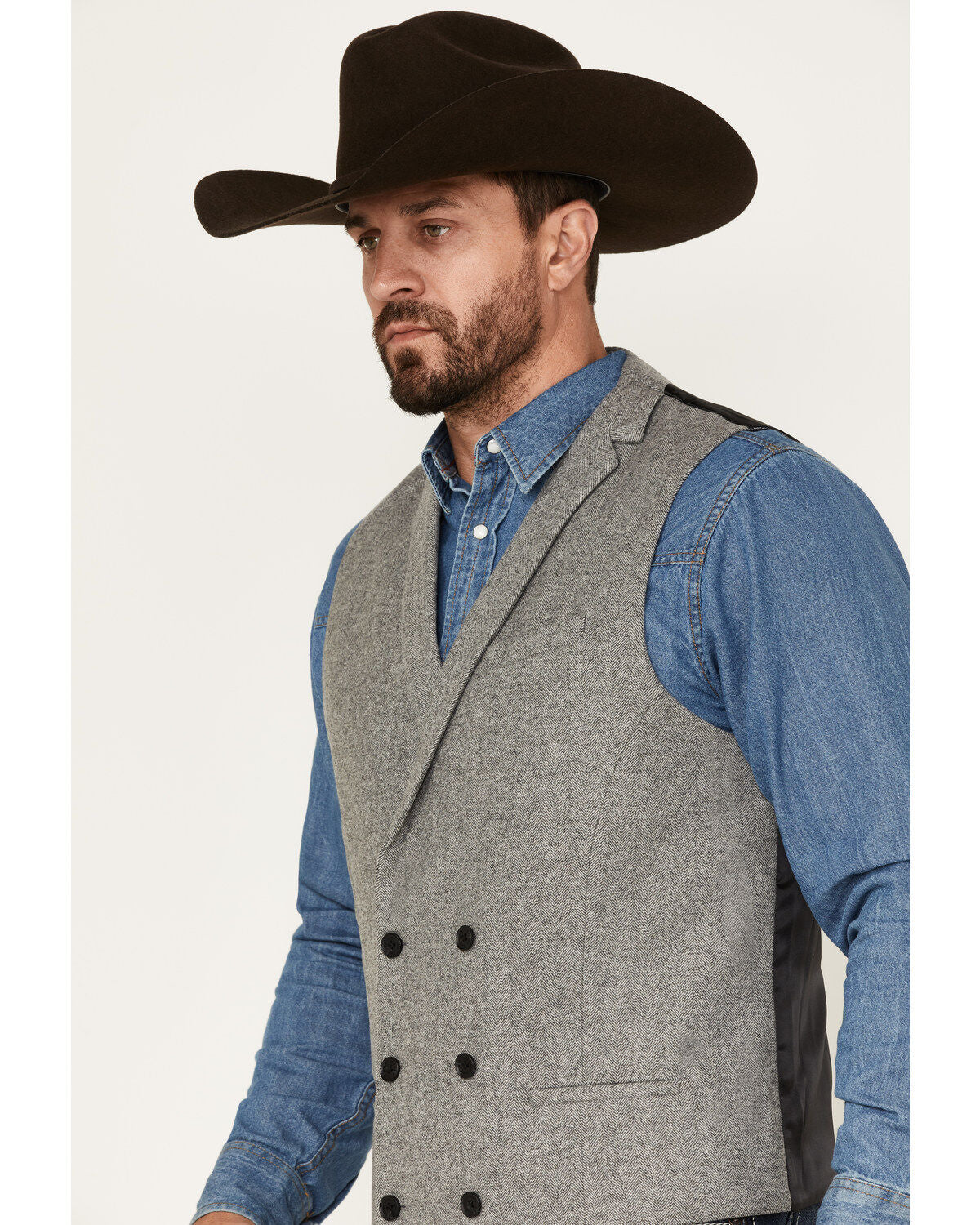 Yiaisafa Casual Retro Grey Herringbone Double Breasted Vest Notch Lapel Men's Waistcoat
