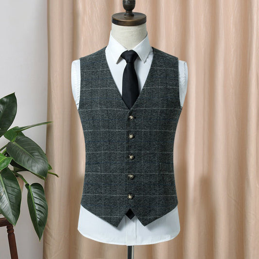 Yiaisafa Men's Slim Fit Suit Vest Plaid V Neck Tweed Waistcoat for Wedding