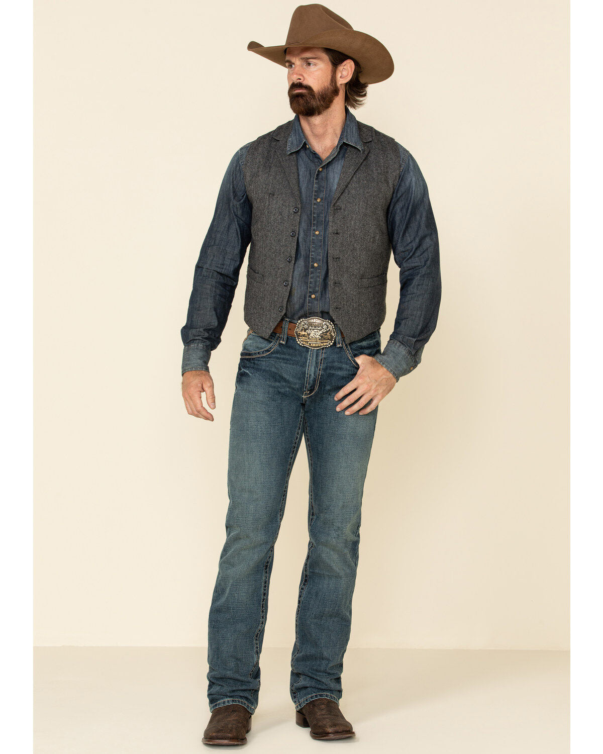 Yiaisafa Casual Men's Herringbone Suit Vest Grey Notch Lapel Vintage Denim Jacket