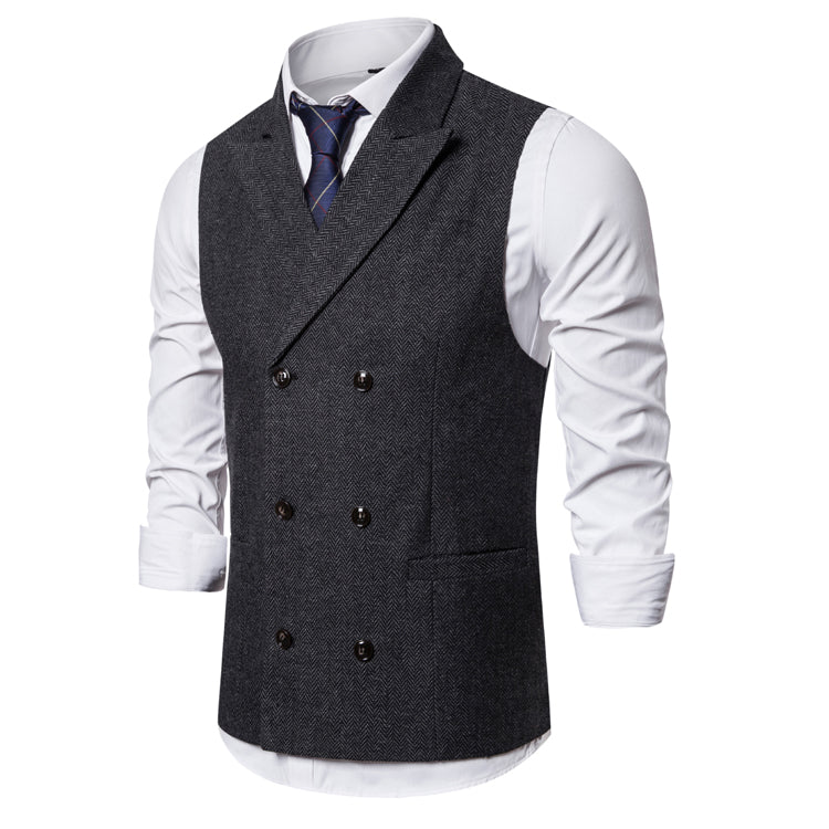Yiaisafa Men's Business Suit Vest Black Herringbone Peak lapel Waistcoat