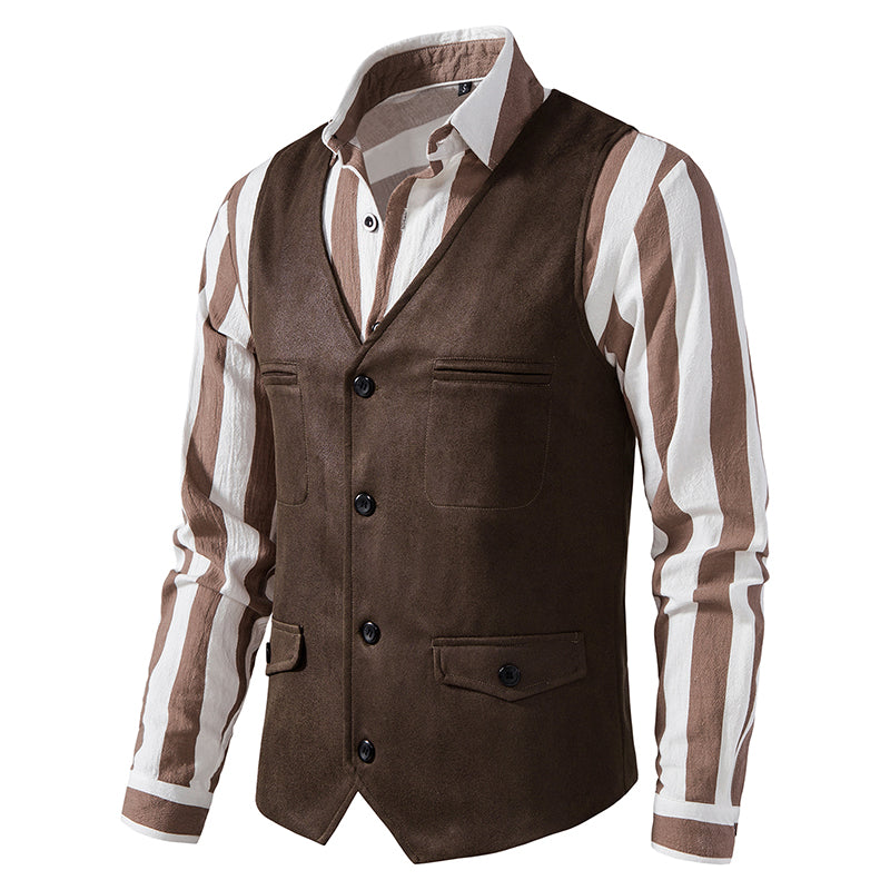 Yiaisafa Men's Casual Vintage Suit Vest Coffee Suede V Neck Waistcoat