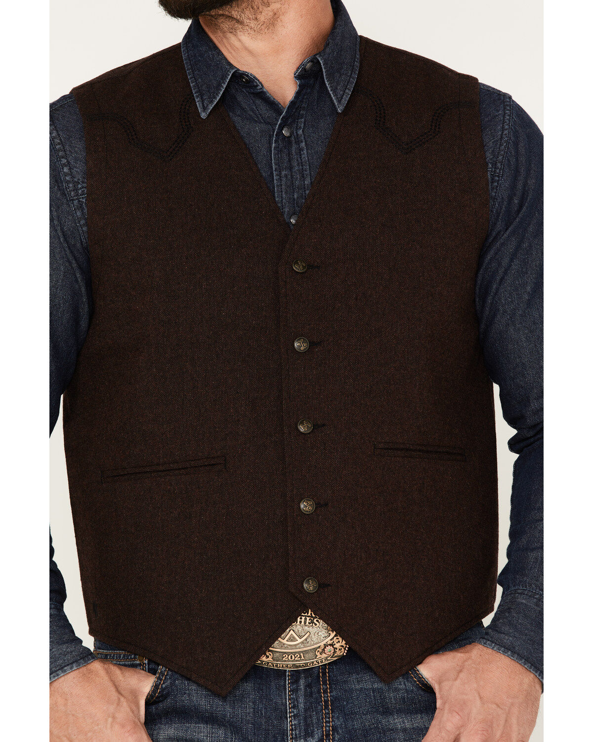 Yiaisafa Casual Men's Suit Vest Coffee V Neck Vintage Denim Jacket
