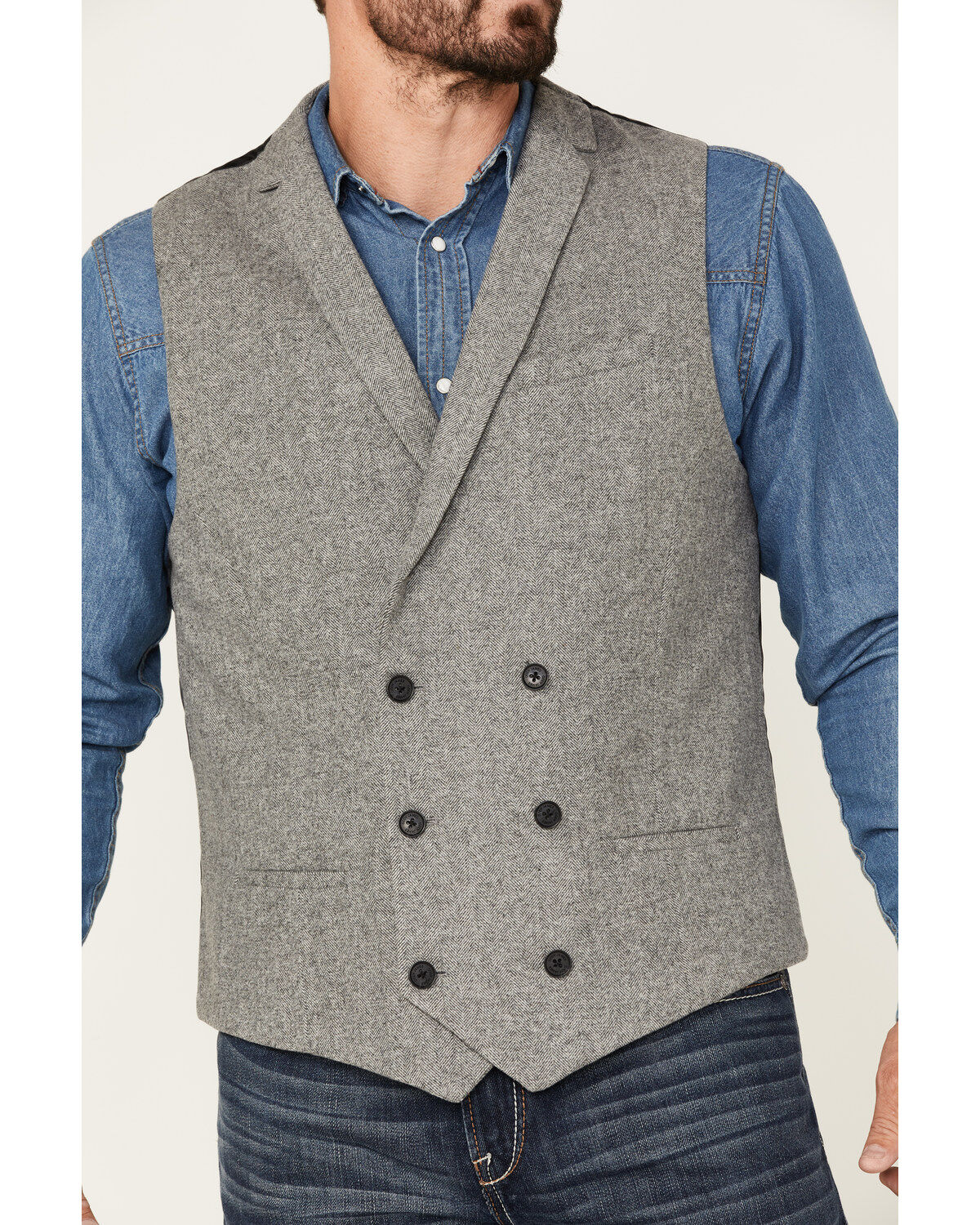 Yiaisafa Casual Retro Grey Herringbone Double Breasted Vest Notch Lapel Men's Waistcoat