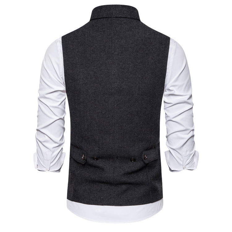 Yiaisafa Men's Business Suit Vest Black Herringbone Peak lapel Waistcoat