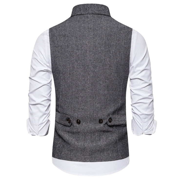 Yiaisafa Men's Business Suit Vest Grey Herringbone Peak lapel Waistcoat