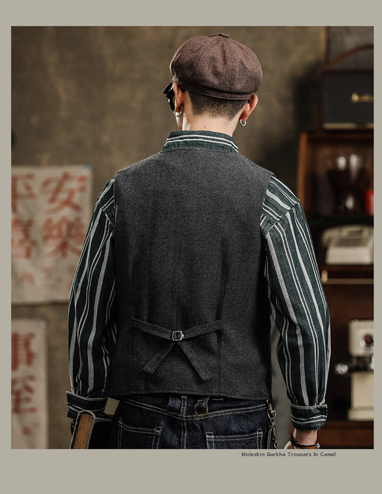 Yiaisafa Men's Casual Vintage Suit Vest Black Herringbone V Neck Waistcoat