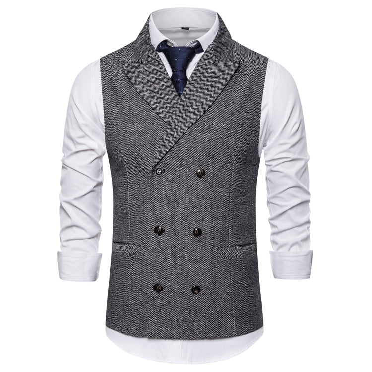 Yiaisafa Men's Business Suit Vest Grey Herringbone Peak lapel Waistcoat