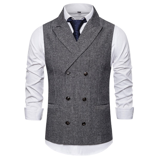 Yiaisafa Men's Business Suit Vest Grey Herringbone Peak lapel Waistcoat