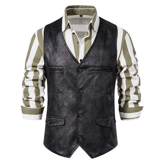 Yiaisafa Men's Casual Vintage Suit Vest Black Suede V Neck Waistcoat