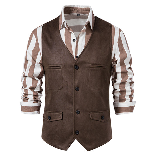 Yiaisafa Men's Casual Vintage Suit Vest Coffee Suede V Neck Waistcoat