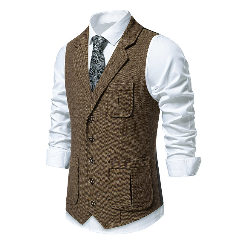 Yiaisafa Men's Vintage Suit Vest Brown Herringbone Notch Lapel Waistcoat for Wedding