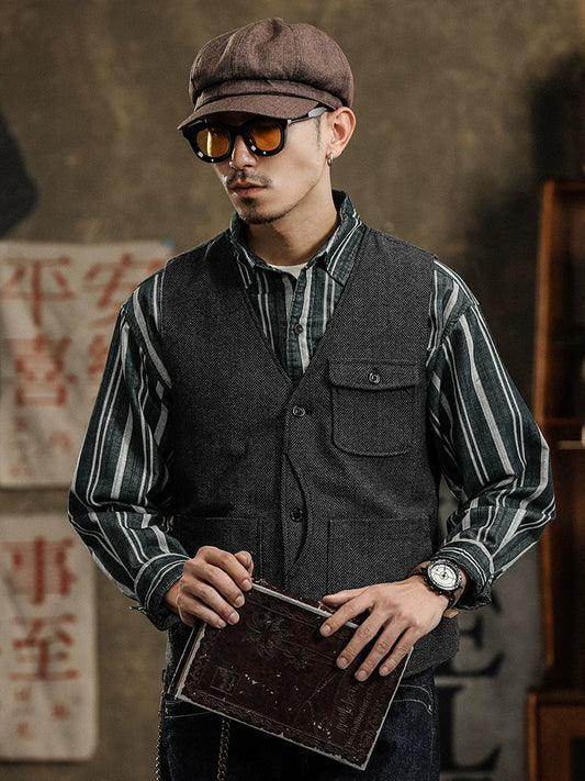 Yiaisafa Men's Casual Vintage Suit Vest Black Herringbone V Neck Waistcoat