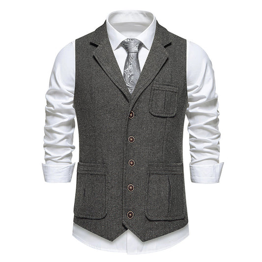 Yiaisafa Men's Vintage Suit Vest Grey Herringbone Notch Lapel Waistcoat for Wedding