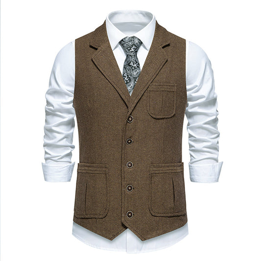 Yiaisafa Men's Vintage Suit Vest Brown Herringbone Notch Lapel Waistcoat for Wedding