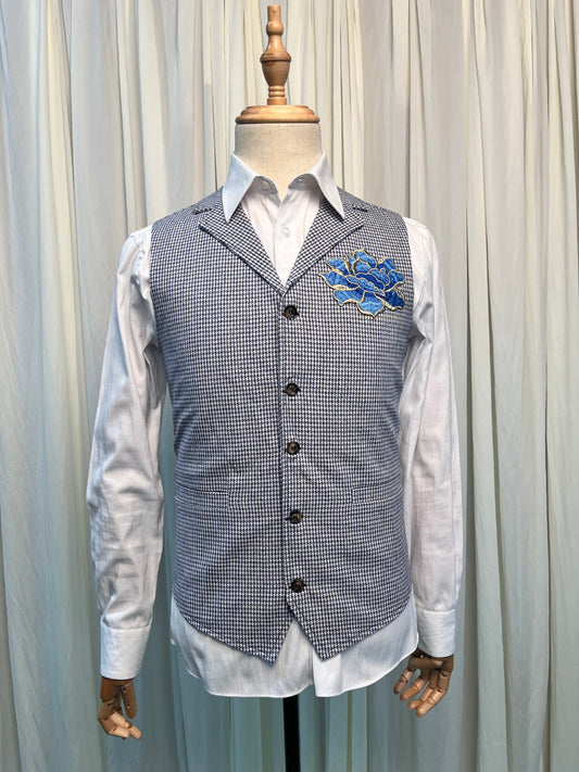 Yiaisafa Vintage Blue Embroidered Wool Checkered Vest Men's Waistcoat