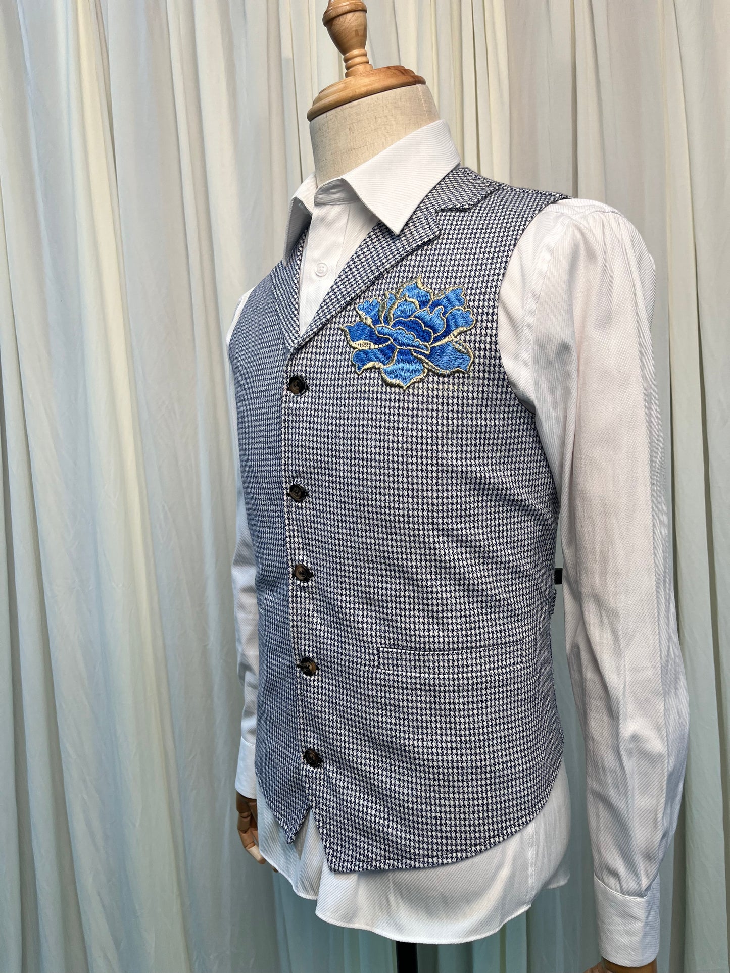 Yiaisafa Vintage Blue Embroidered Wool Checkered Vest Men's Waistcoat