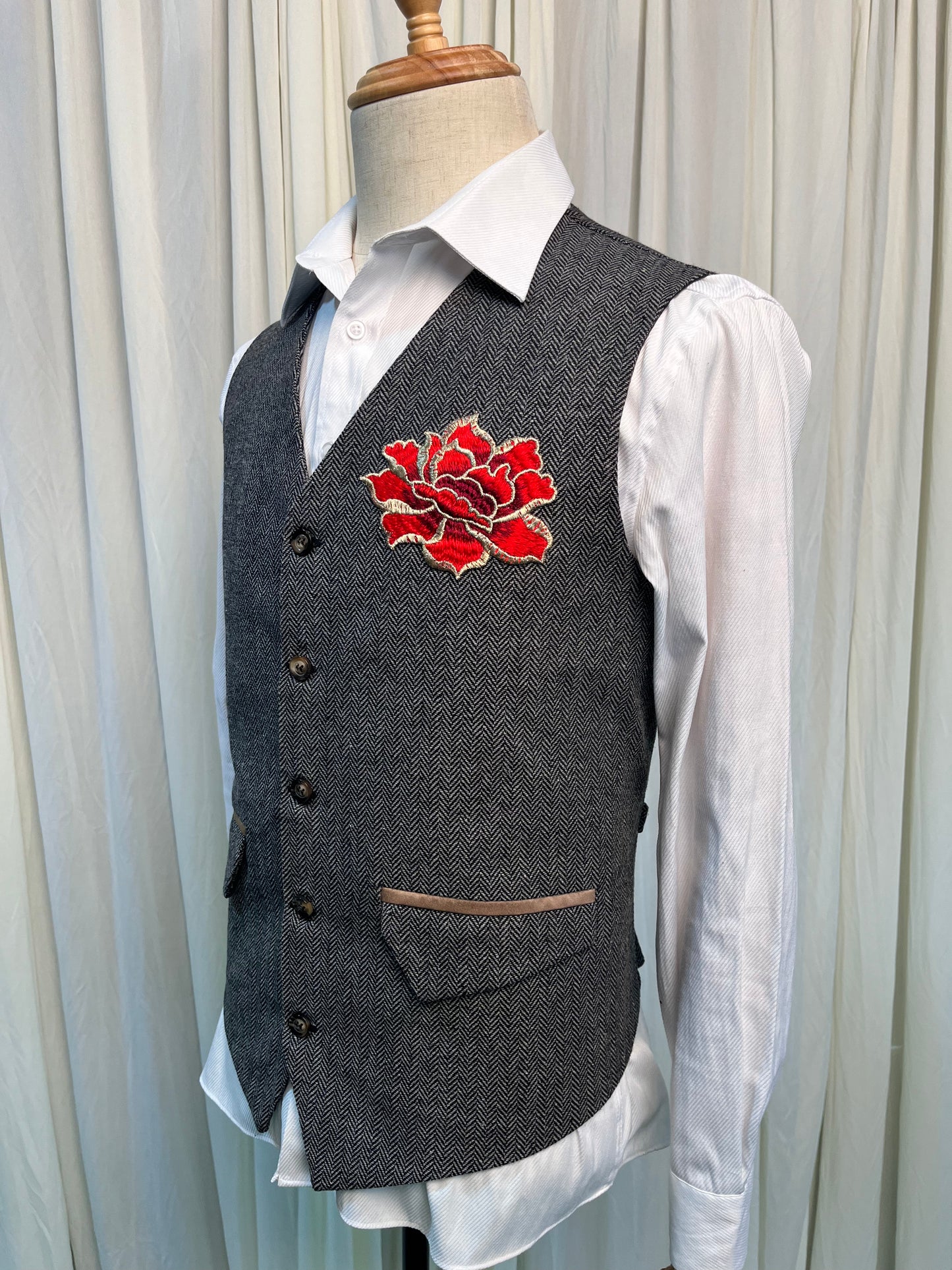 Yiaisafa Mens Suit Vest Waistcoat Red Embroidered Wool Herringbone for Wedding