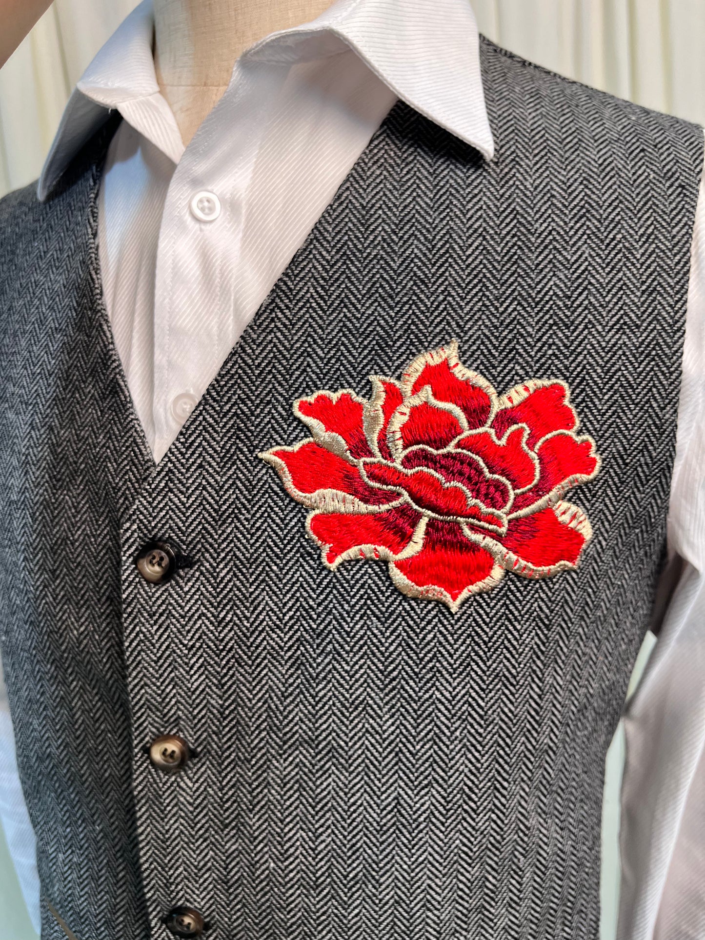 Yiaisafa Mens Suit Vest Waistcoat Red Embroidered Wool Herringbone for Wedding