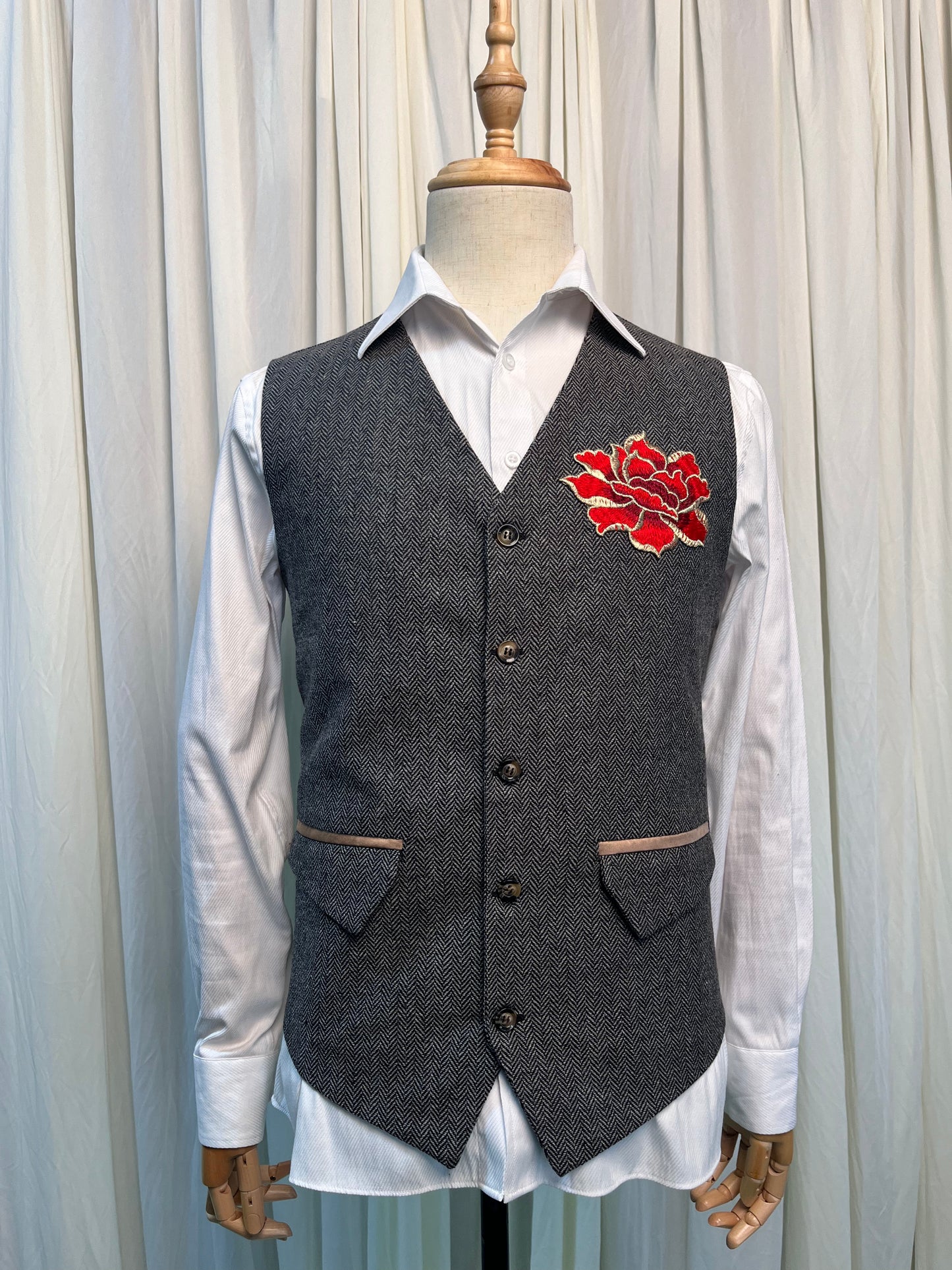 Yiaisafa Mens Suit Vest Waistcoat Red Embroidered Wool Herringbone for Wedding