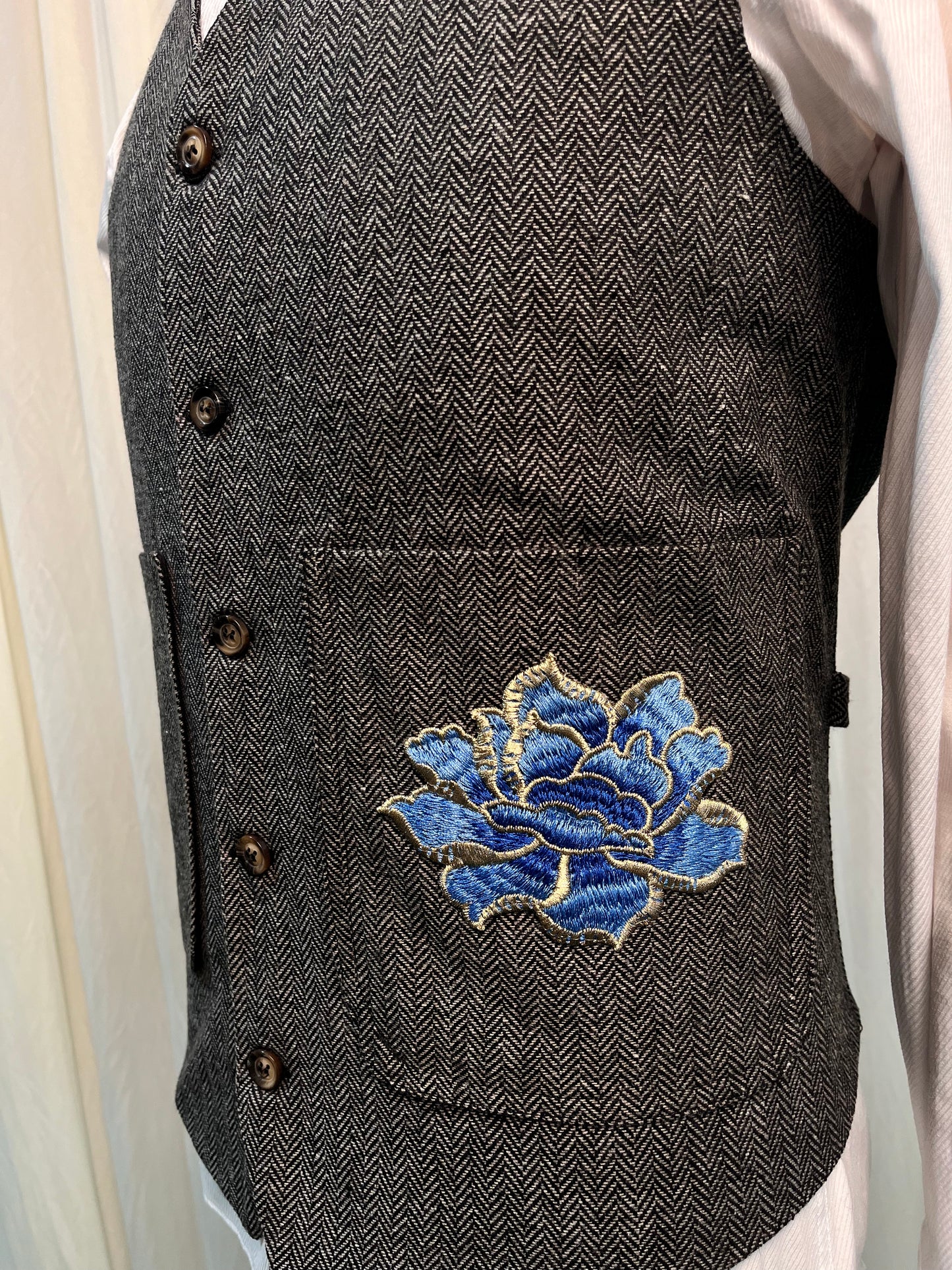 Yiaisafa Men's Herringbone Tweed Suit Vests Blue Embroidered V-Neck Waistcoat