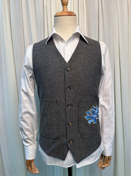 Yiaisafa Men's Herringbone Tweed Suit Vests Blue Embroidered V-Neck Waistcoat