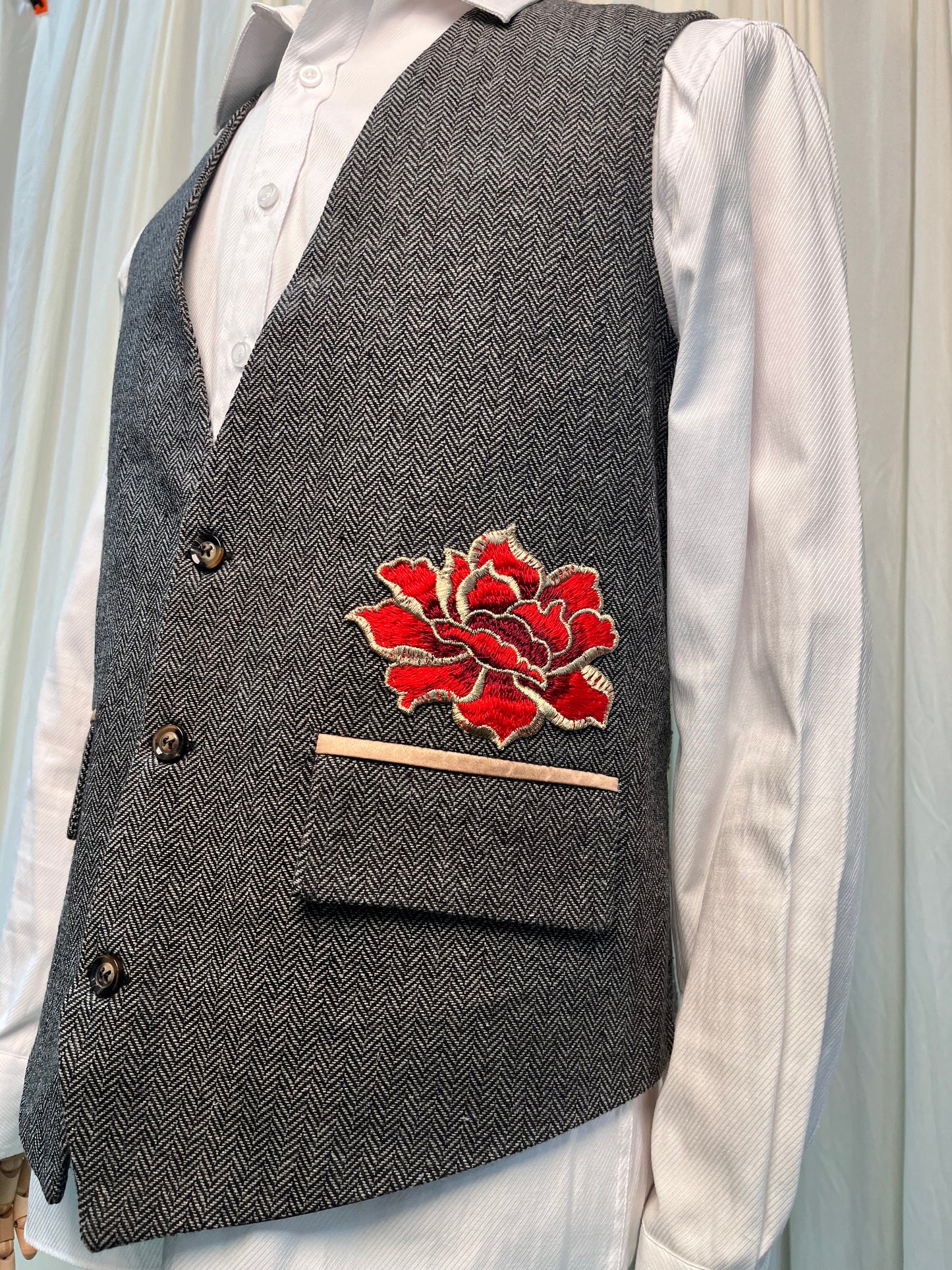 Yiaisafa Men's Suit Vest V Neck Wool Wedding Waistcoat with Red Hand Embroidered