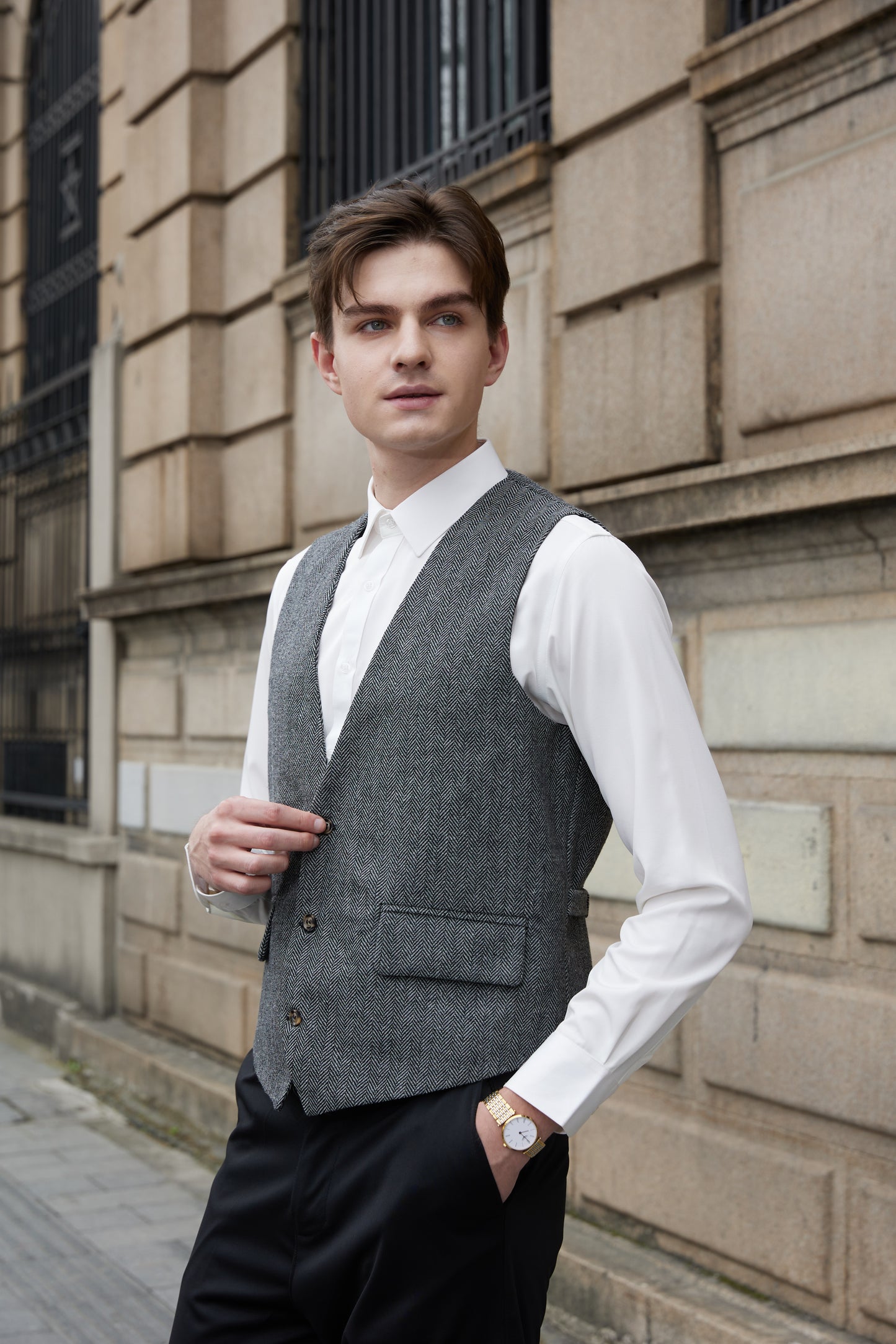 Yiaisafa Men's Tweed Suit Casual Vest Herringbone Wool Prom Waistcoat