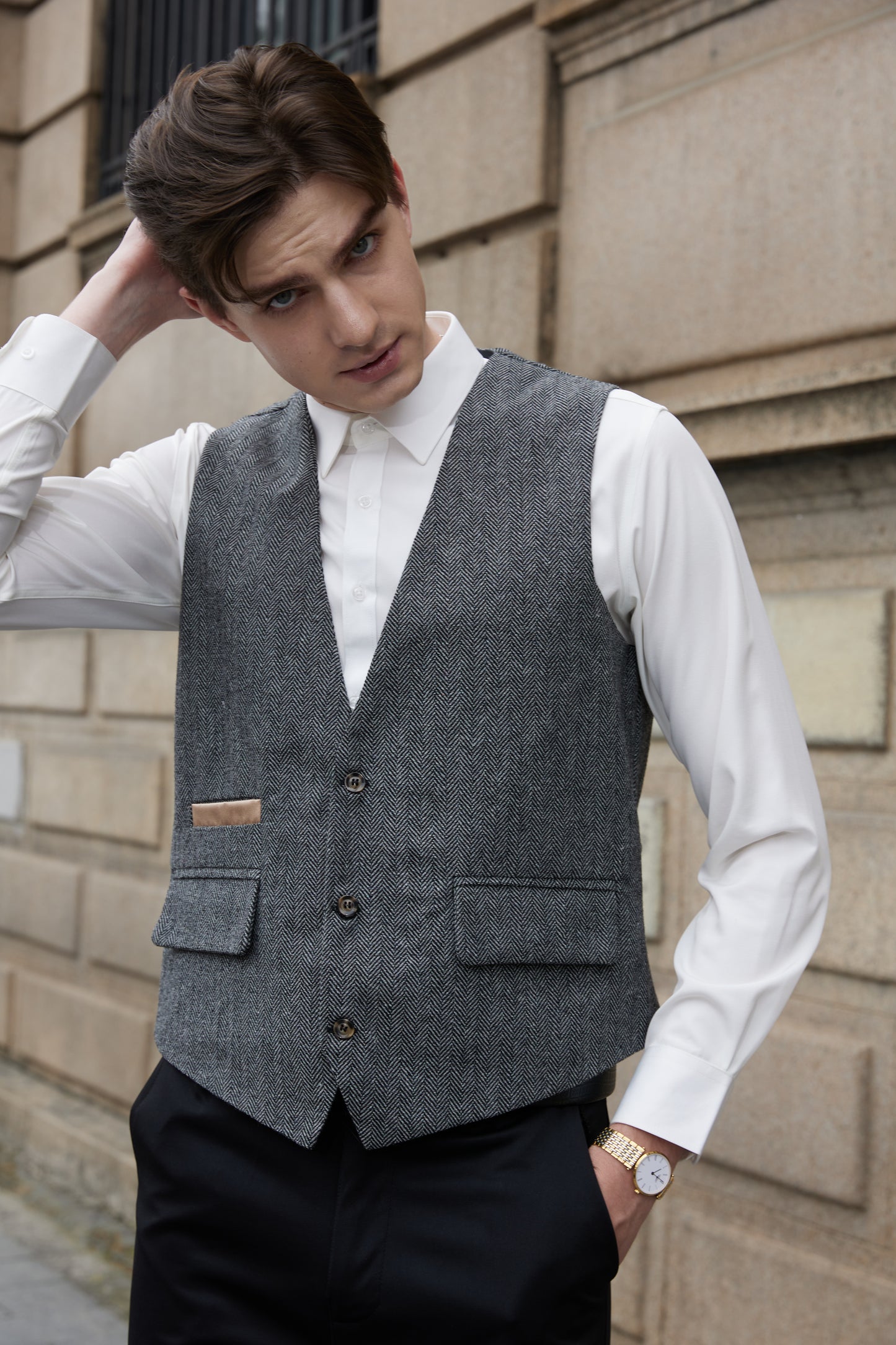 Yiaisafa Men's Tweed Suit Casual Vest Herringbone Wool Prom Waistcoat