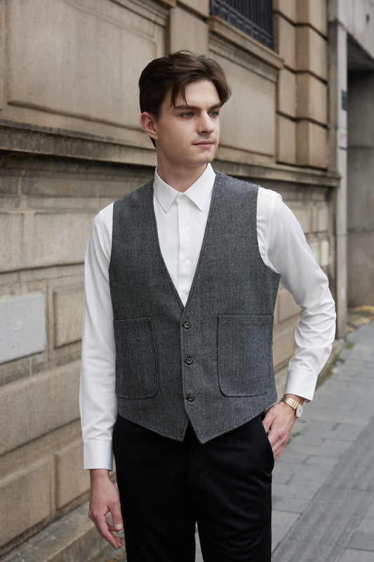 Yiaisafa Mens V Neck Casual Suit Vest Vintage Tweed Wool Wedding Waistcoat