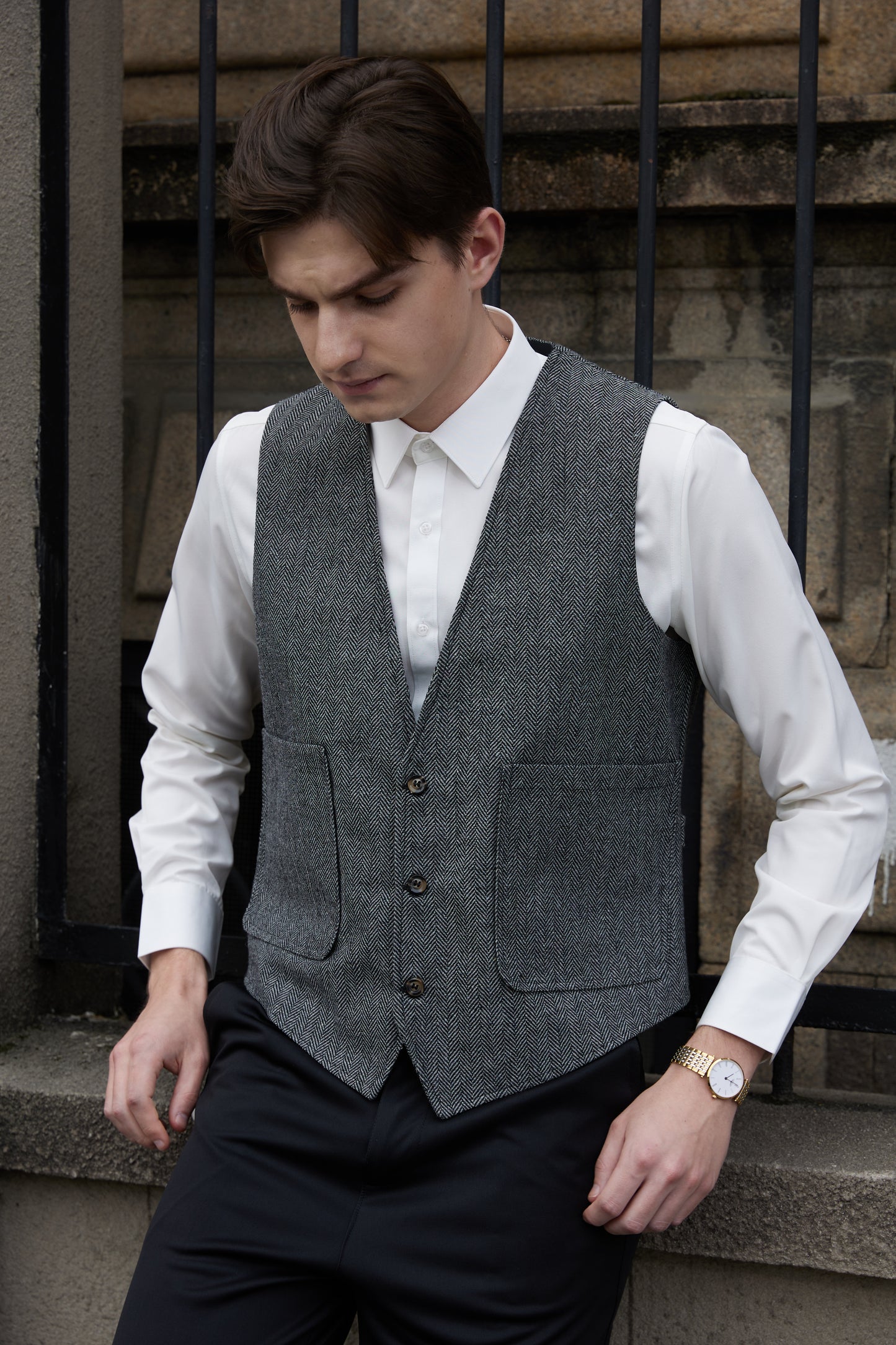 Yiaisafa Mens V Neck Casual Suit Vest Vintage Tweed Wool Wedding Waistcoat