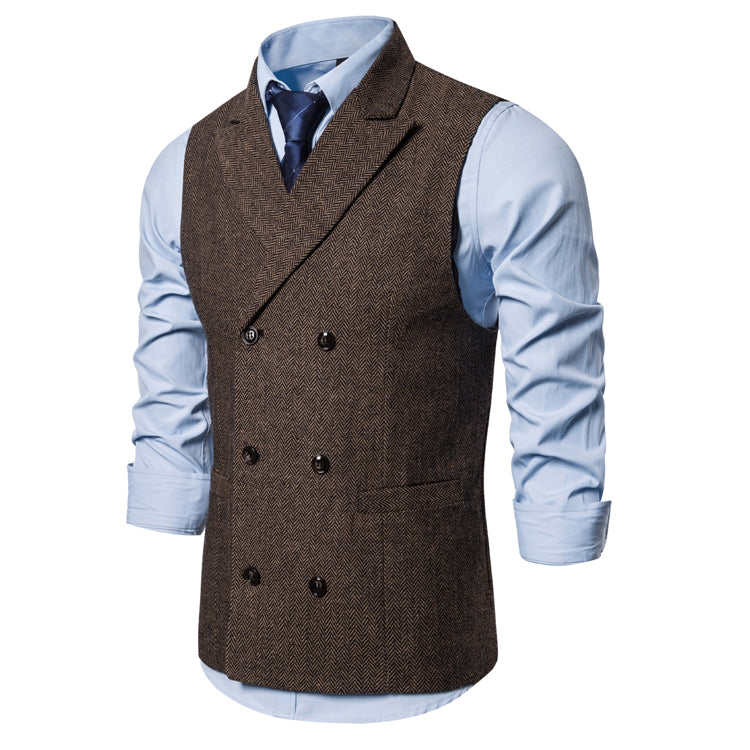 Yiaisafa Men's Business Suit Vest Coffee Herringbone Peak lapel Waistcoat