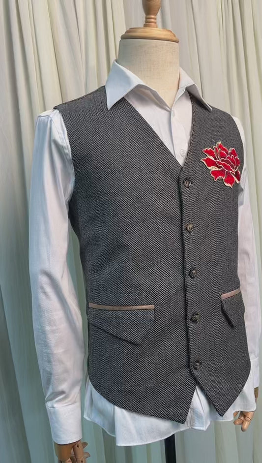 Yiaisafa Mens Suit Vest Waistcoat Red Embroidered Wool Herringbone for Wedding