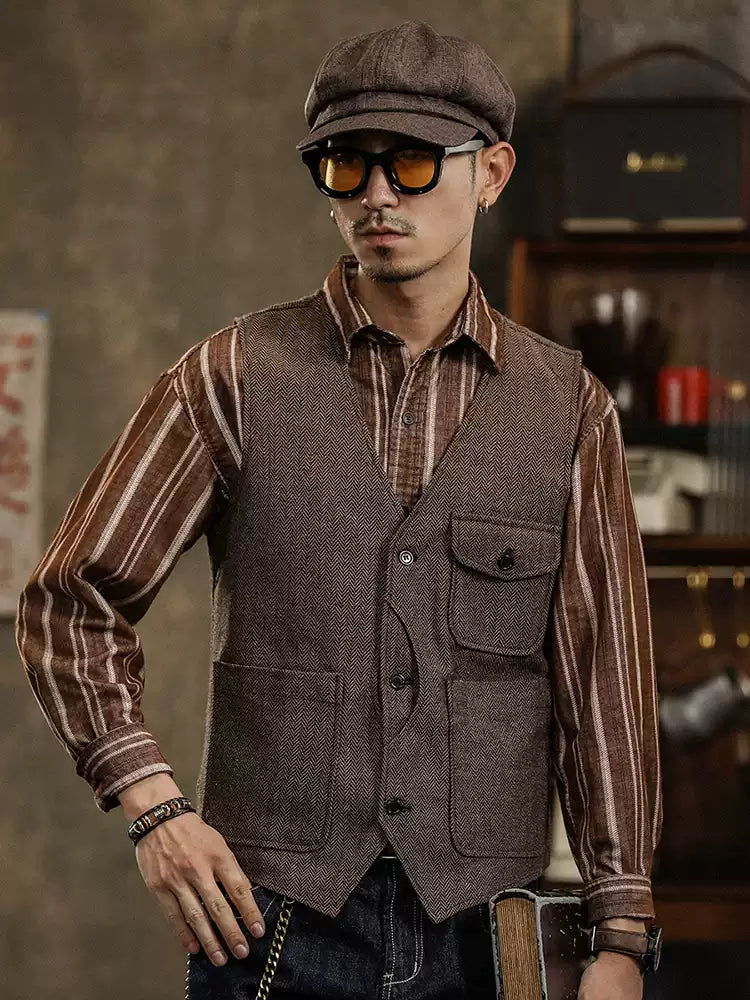Yiaisafa Men's Casual Vintage Suit Vest Coffee Herringbone V Neck Waistcoat