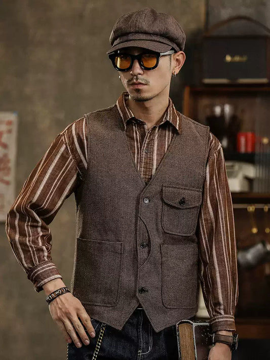 Yiaisafa Men's Casual Vintage Suit Vest Coffee Herringbone V Neck Waistcoat