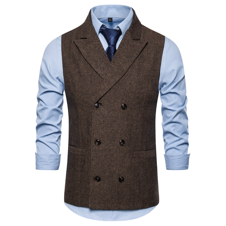 Yiaisafa Men's Business Suit Vest Coffee Herringbone Peak lapel Waistcoat