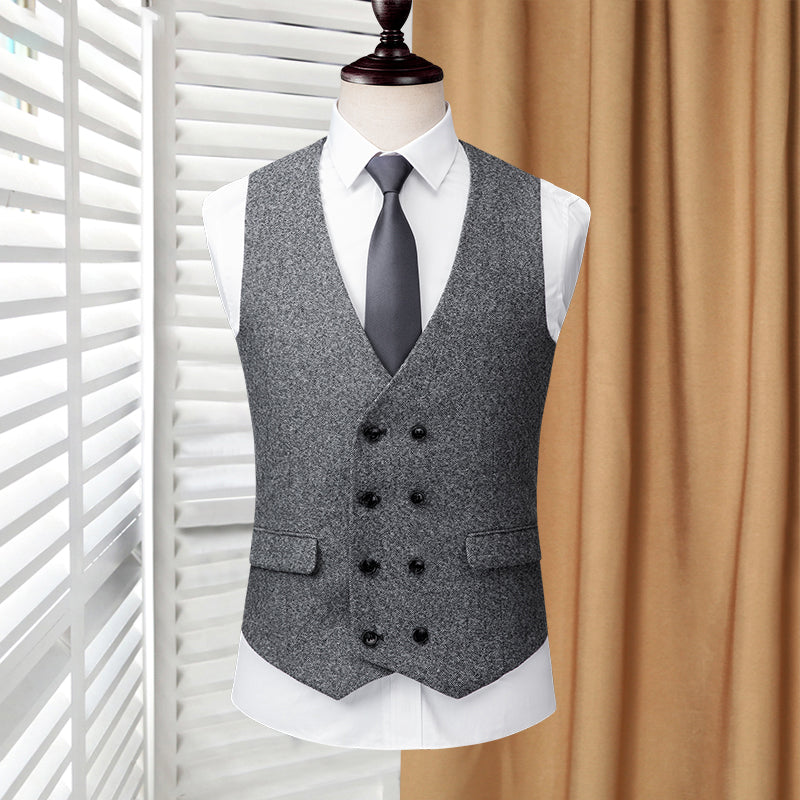 Yiaisafa Casual Retro Grey Herringbone V Neck Men's Waistcoat