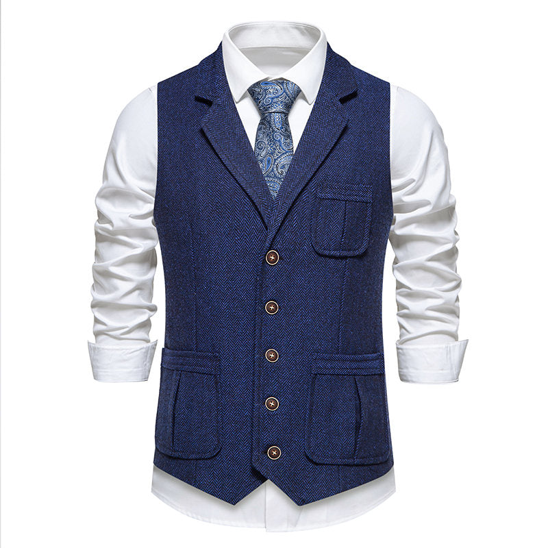 Yiaisafa Men's Vintage Suit Vest Royal Blue Herringbone Notch Lapel Waistcoat for Wedding