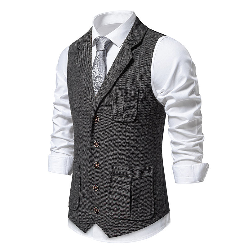 Yiaisafa Men's Vintage Suit Vest Grey Herringbone Notch Lapel Waistcoat for Wedding