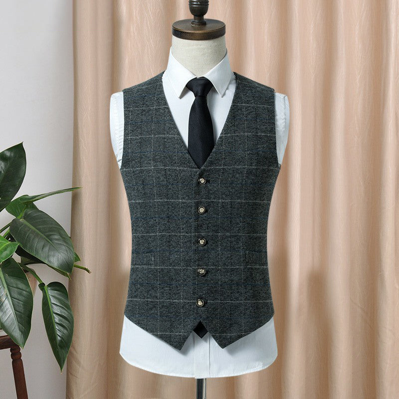 Yiaisafa Men's Slim Fit Suit Vest Plaid V Neck Tweed Waistcoat for Wedding