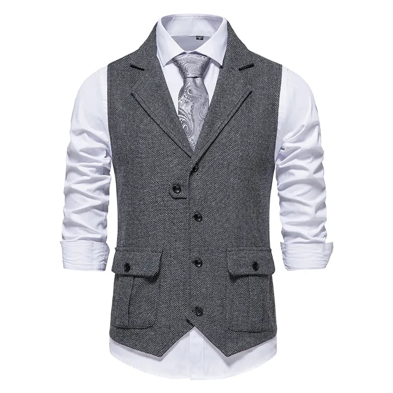 Yiaisafa Men's Formal Vintage Herringbone Suit Vest Notch Lapel Waistcoat for Wedding