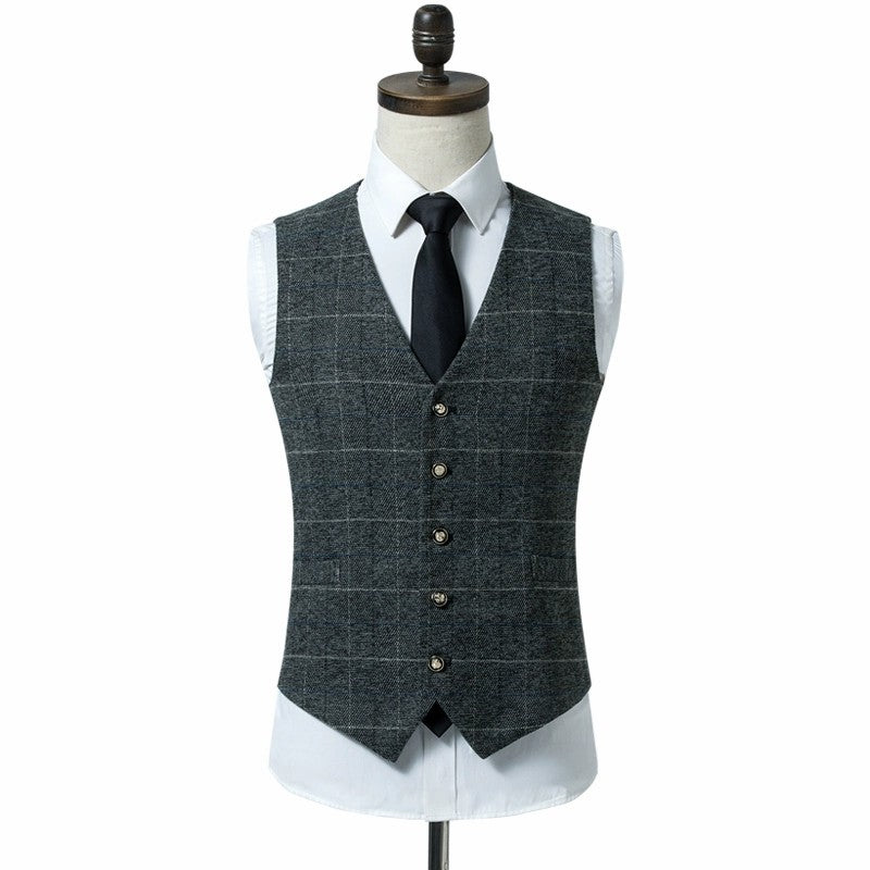 Yiaisafa Men's Slim Fit Suit Vest Plaid V Neck Tweed Waistcoat for Wedding