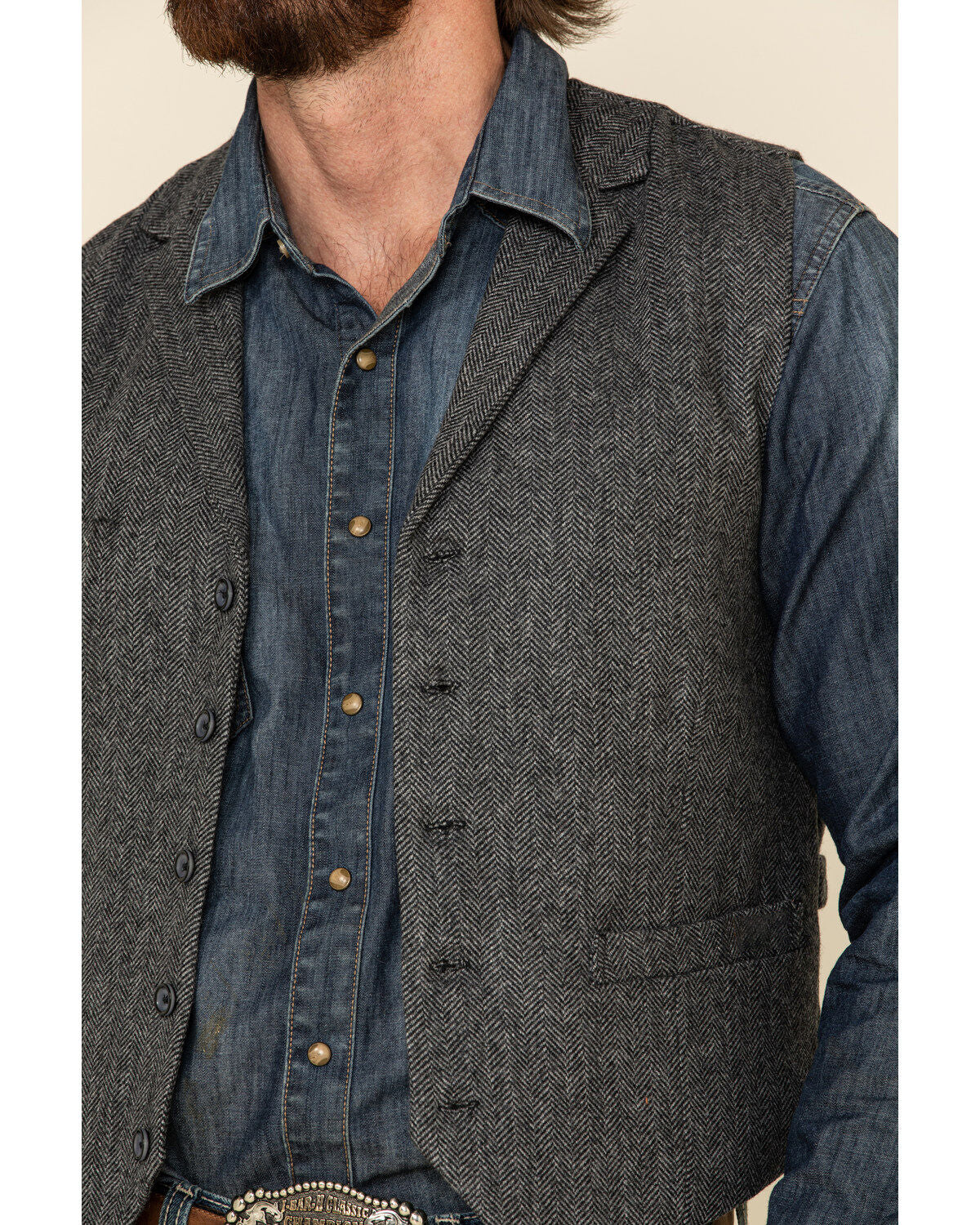 Yiaisafa Casual Men's Herringbone Suit Vest Grey Notch Lapel Vintage Denim Jacket