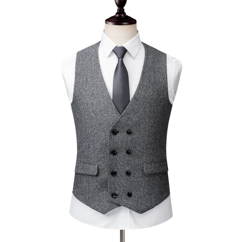 Yiaisafa Casual Retro Grey Herringbone V Neck Men's Waistcoat