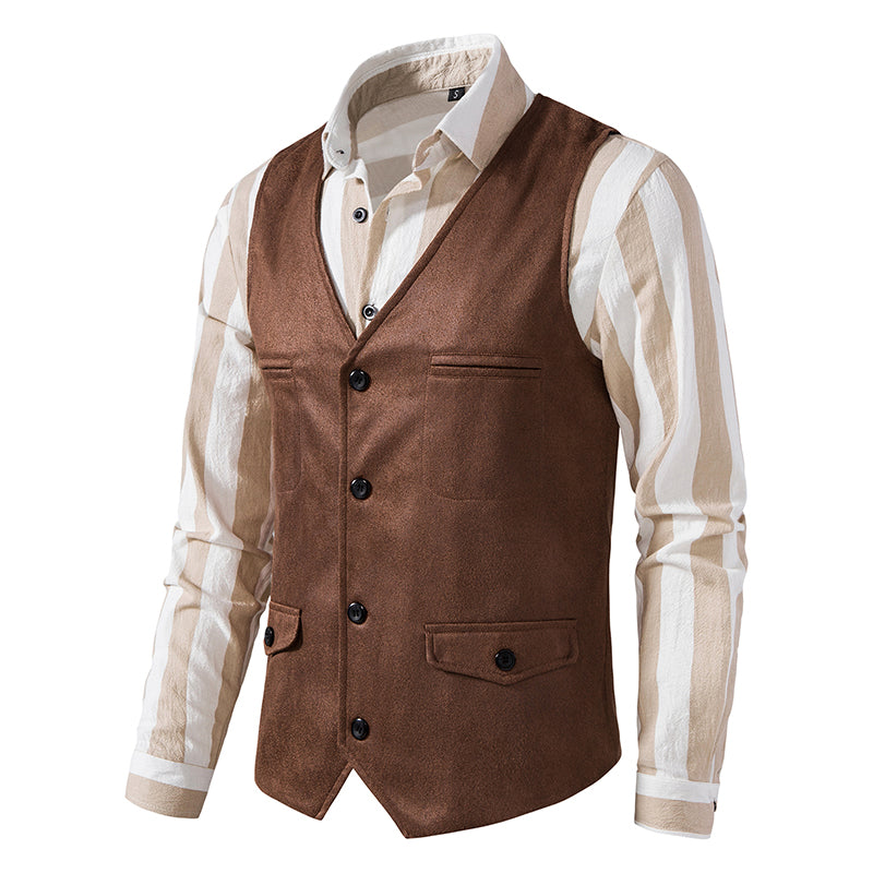 Yiaisafa Men's Casual Vintage Suit Vest Brown Suede V Neck Waistcoat
