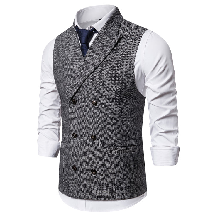 Yiaisafa Men's Business Suit Vest Grey Herringbone Peak lapel Waistcoat