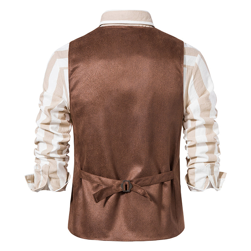 Yiaisafa Men's Casual Vintage Suit Vest Brown Suede V Neck Waistcoat