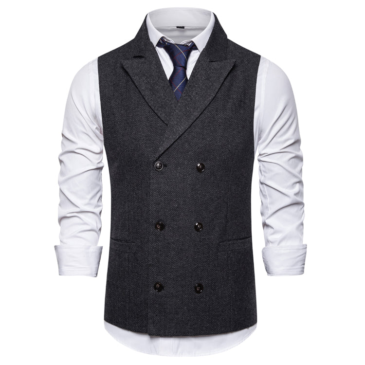 Yiaisafa Men's Business Suit Vest Black Herringbone Peak lapel Waistcoat